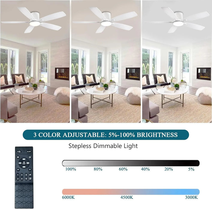 Ceiling Fans with Lights, 52 Inch Low Profile Ceiling Fan with Light and Remote Control, Flush Mount, Reversible Motor, Dimmable, Noiseless, White Ceiling Fan for Bedroom, Indoor/Outdoor Use