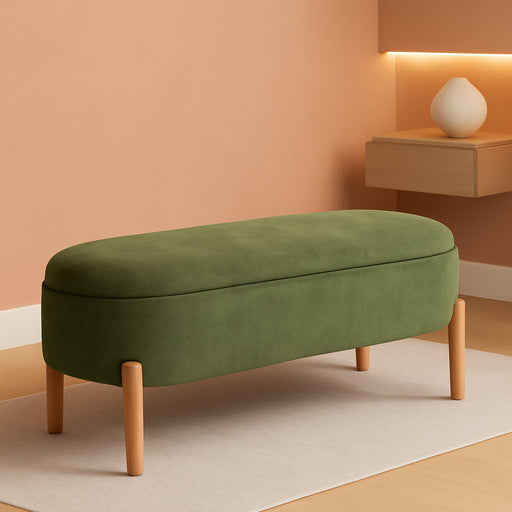 Storage Bench Ottoman, Upholstered Corduroy Storage Bench for Bedroom End of Bed, Modern Aesthetic Furniture, Large Oval Ottoman Bench for Foot of Bed, Living Room, Entryway, under Window (Green)