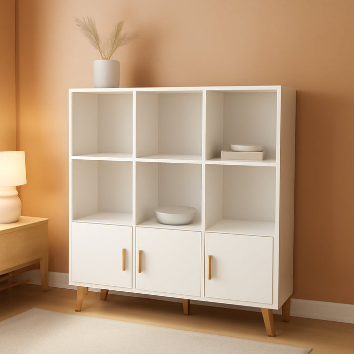11-Cube Bookcase with Doors, 3-Tier Storage Cabient, Warm White | Solid Wood Legs and Door Handles, Cubby Shelf with 4 Doors, Fits 11×11" Bins for Home & Office