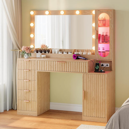 Fluted Makeup Vanity Desk with Large 31.5" Mirror and Lights, 46.1" Wood Vanity with Charging Station & RGB Lights, Dressing Table with 6 Drawers & Cabinet & Shelves, Oak