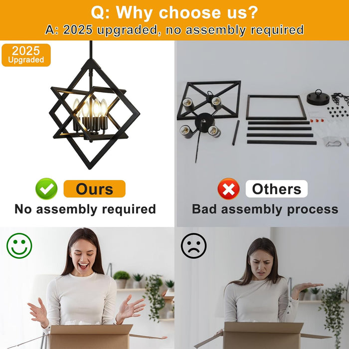 18" Black Chandelier, 4-Light Farmhouse Geometric Ceiling Dining Room Fixture, Modern Rustic Foyer Lighting Fixtures, Industrial Hanging Light Fixture Pendant Lights for Kitchen Island, Entryway