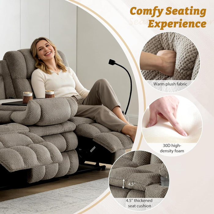 Manual Reclining Sofa with 2-Layer Cushion, Home Theater Seat Reclining Couch with Hidden Drawers & Phone Holder, RV Wall Hugger Recliner Sofa with 3 Seater & Console (Gold, 77‘’)