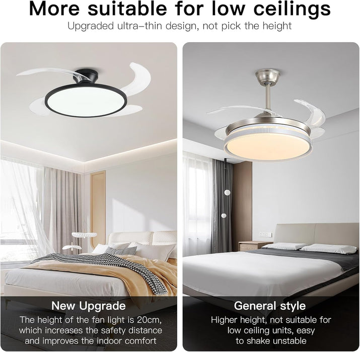 Retractable Ceiling Fan with Lights Remote Control,42'' Low Profile Ceiling Fan with Retractable Blades,Dimmable Full Spectrum,Modern Fandelier for Living Room Dinning Room Bedroom,Black