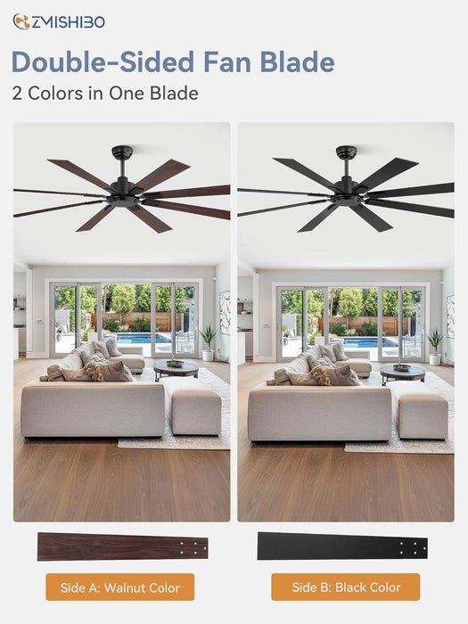 72 Inch Ceiling Fan No Light with Remote Control, 8 Blades Quiet DC Reversible Motor, 6-Speed, Timer, Black Finish, Indoor Outdoor Ceiling Fans for Patios, Living Room, Garage