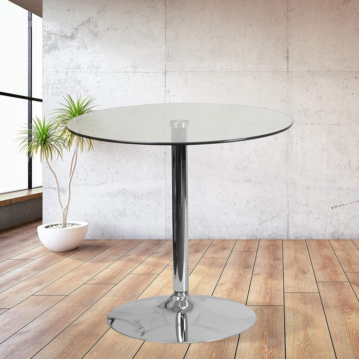 Hills 31.5'' round Glass Dining Table with 29''H Chrome Base, Decorative Narrow round Tempered Glass Cocktail Table, Clear/Silver