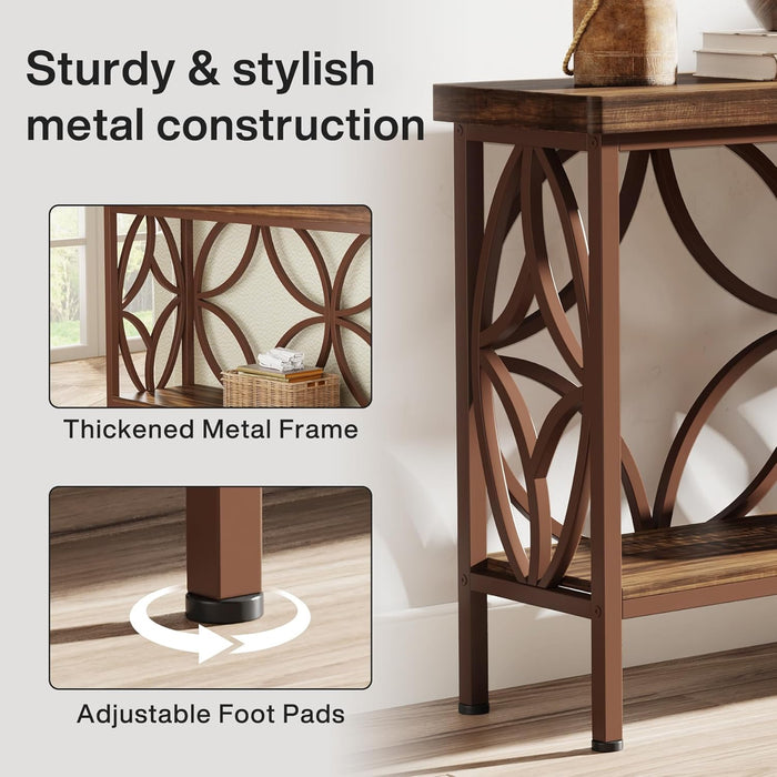 70.9-Inch Narrow Sofa Table, Industrial Long Sofa Table behind Couch, Entry Console Table with Storage for Entryway, Living Room, Foyer, Unique Design, Brown Glossy