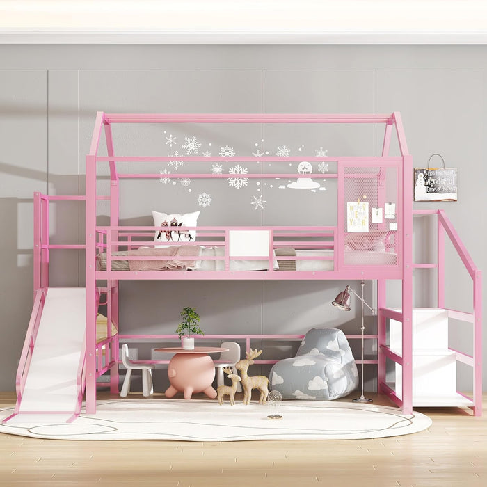 House Loft Bed Full Size, Full Size Loft Bed with Storage Stairs and Open Wardrobe, Heavy Duty Loft Beds with Slide for Girls, Boys, Noise-Free Design Pink