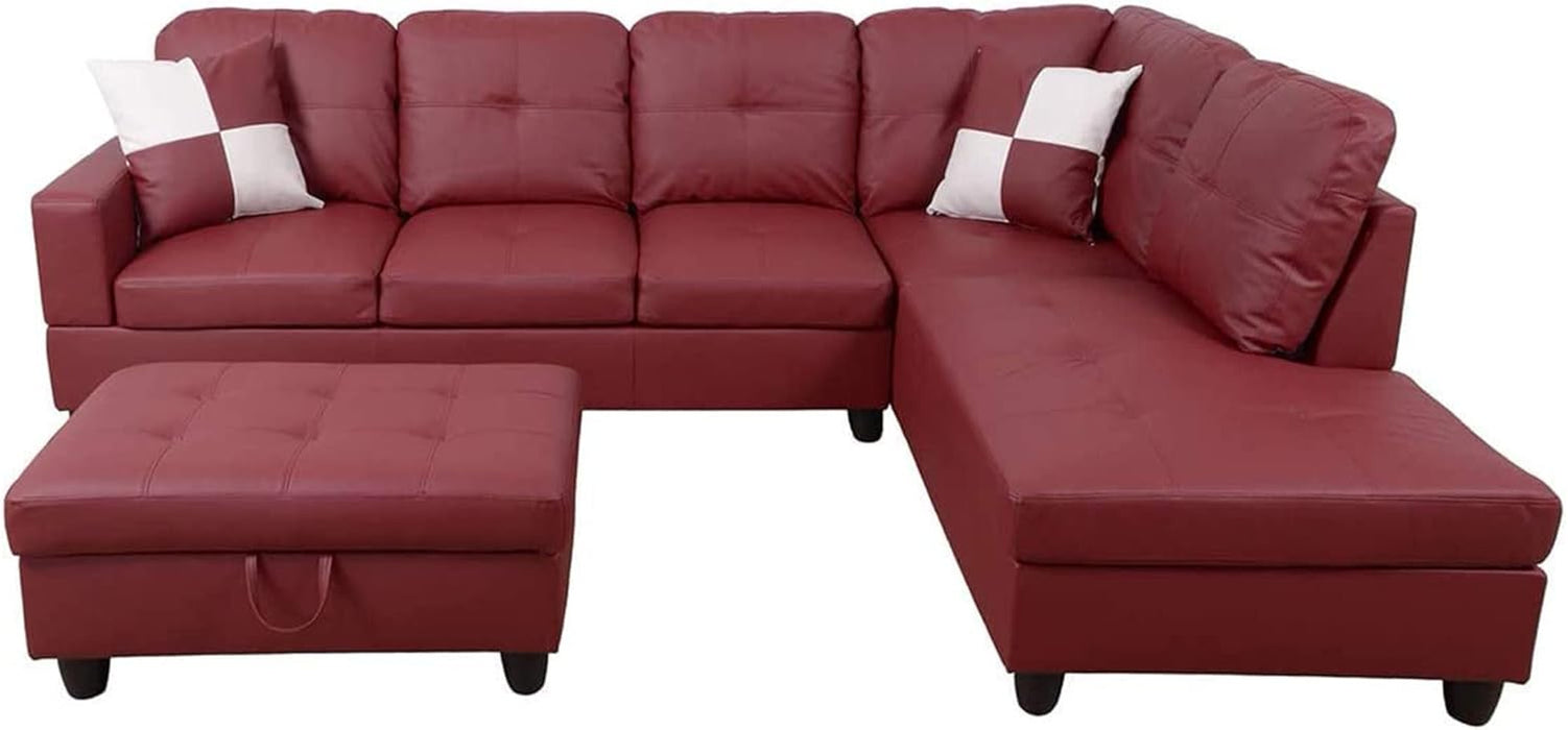 Sectional Sofa Faux Leather Modern L Shaped Couch Set 103.5”Wide Including Chaise and 3 Seating Sofa with Storage Ottoman for Living Room Furniture (Right Hand Facing, B-Red)