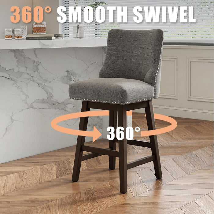 26 Inch Bar Stools Set of 3, Counter Height Swivel Barstools with Back, Solid Wood Legs with Footrest for Kitchen Island (Dark Grey Linen, 3)