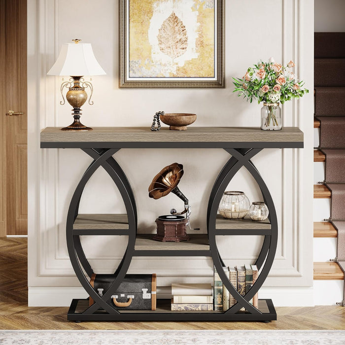 39.4" Console Table, Industrial 4-Tier Sofa Table Entryway Table with Storage Shelves, Narrow Wood Accent Tables with Metal Frame for Small Spaces, Hallway, Foyer, Grey
