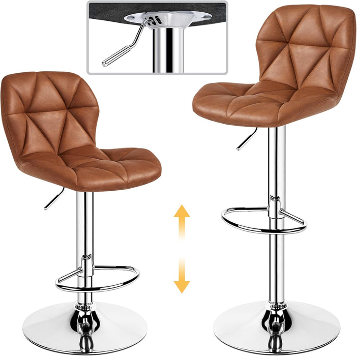 Bar Stools Set of 2, Modern Kitchen Island Stools with Backrest, PU Leather Adjustable Counter Stools for Kitchen Counter Bar, Retro Brown