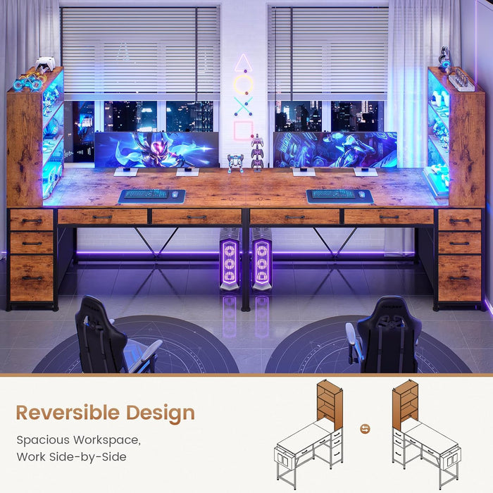 Computer Desk with 5 Drawers and Bookshelf, Reversible Home Office Desk with Storage Shelves and File Drawer, Gaming Corner Desk with LED Lights for Small Spaces, Rustic Brown