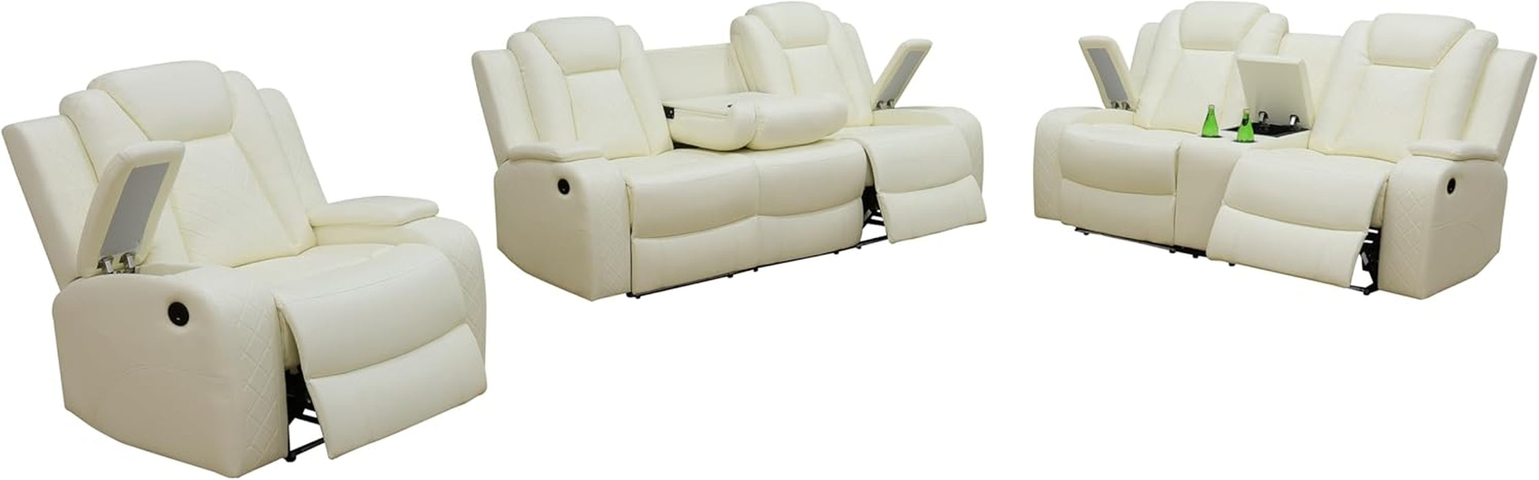 Power Recliner Set with LED Lights, Air Leather Reclining Set with USB Port/Wireless Charger/Storage Console/Cup Holder for House/Hometheater/Apt (Ivory White, Sofa Loveseat Chair)