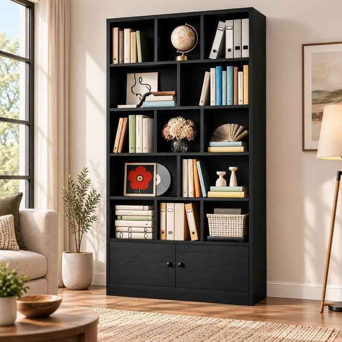 Bookcase with Doors and Open Shelves for Home Office and Living Room