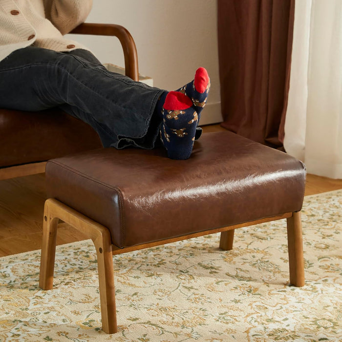 Rectangle Ottoman Bench, Modern Coffee Leatherette Footstool with Walnut Rubberwood Legs for Living Room, Bedroom