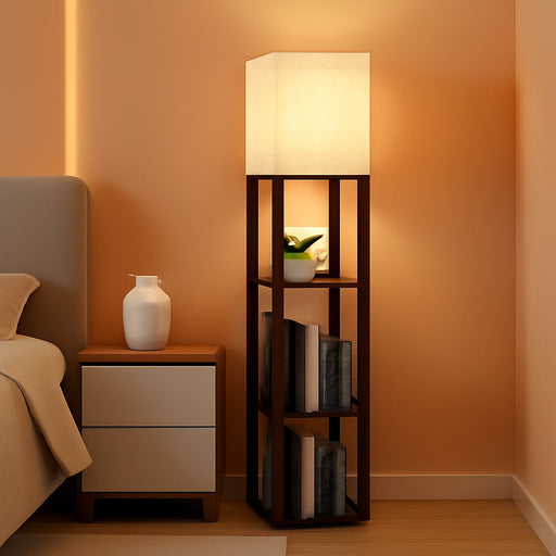 Floor Lamp with Shelves, Modern Shelf Lamp for Display Storage, 3 Color Temperature Wood Narrow Standing Corner Lamp with 8W Bulb for Living Room Decor, Bedroom, Office, Home Decor(Brown)