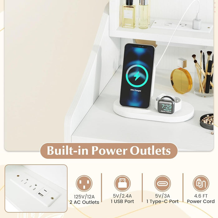 White Vanity Desk with LED Lighted Mirror, 3 Light Modes, Adjustable Brightness, Charging Station, Drawers & Shelves, Modern Makeup Vanity Table with Storage Stool for Bedroom, Dressing Room