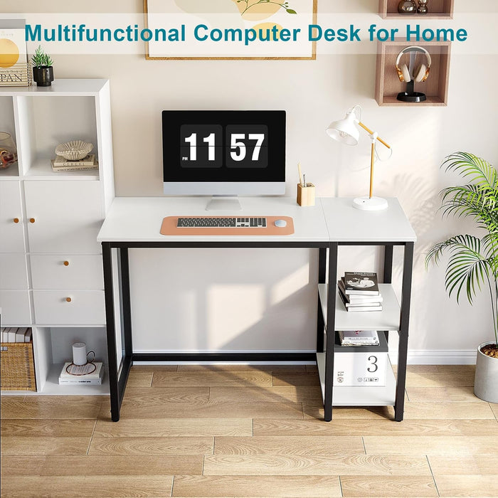 Computer Desk 40 Inches with 2-Tier Shelves Sturdy Home Office Desk with Large Storage Space Modern Gaming Desk Study Writing Laptop Table, White Desk