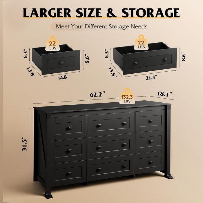 9 Drawer Dresser Black, 62" Wide Wooden Chest with Anti-Tip Structure
