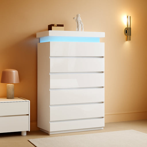 6 Drawer Dresser for Bedroom with LED Lights, White Modern High Gloss Chest of Drawers for Closet, Tall Drawer with Adjustable LED Light, for Living Room, Entryway, Dressing Room