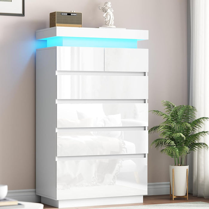 6 Drawer Dresser for Bedroom with LED Lights, White Modern High Gloss Chest of Drawers for Closet, Tall Drawer with Adjustable LED Light, for Living Room, Entryway, Dressing Room
