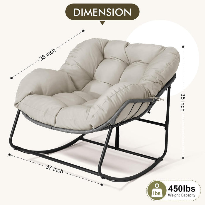 Oversized Egg Rocking Chair for Indoor Outdoor – All-Weather Wicker Rattan Lounge Chair with Cushion Patio Rocker for Porch Garden or Balcony (Beige)