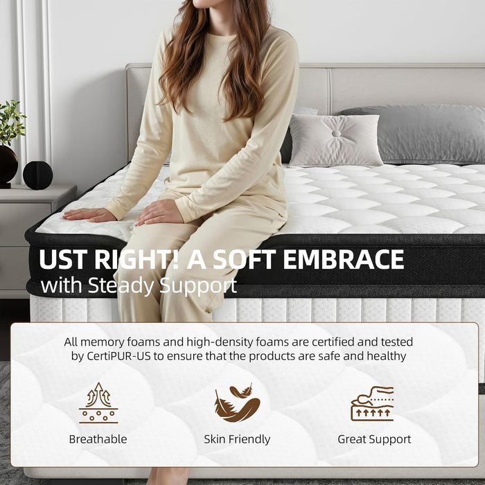 12 Inch Queen Mattress in a Box，White，Medium Firm Feel，Individually Wrapped Coils for Motion Isolation and Breathable Fire-Resistant Knit Cover, Certipur-Us Certified Foam