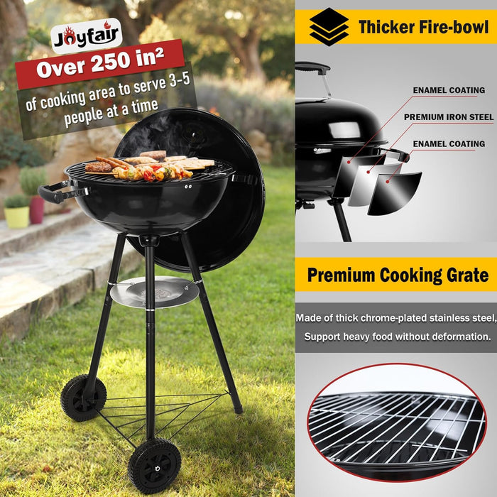 Kettle Charcoal Grill (18 Inch), Outdoor Barbecue Grill for Camping/Backyard/Tabletop Grilling, Portable round Smoker with Wheels, Enameled Lid & Fire Bowl, Dual Venting System, Black