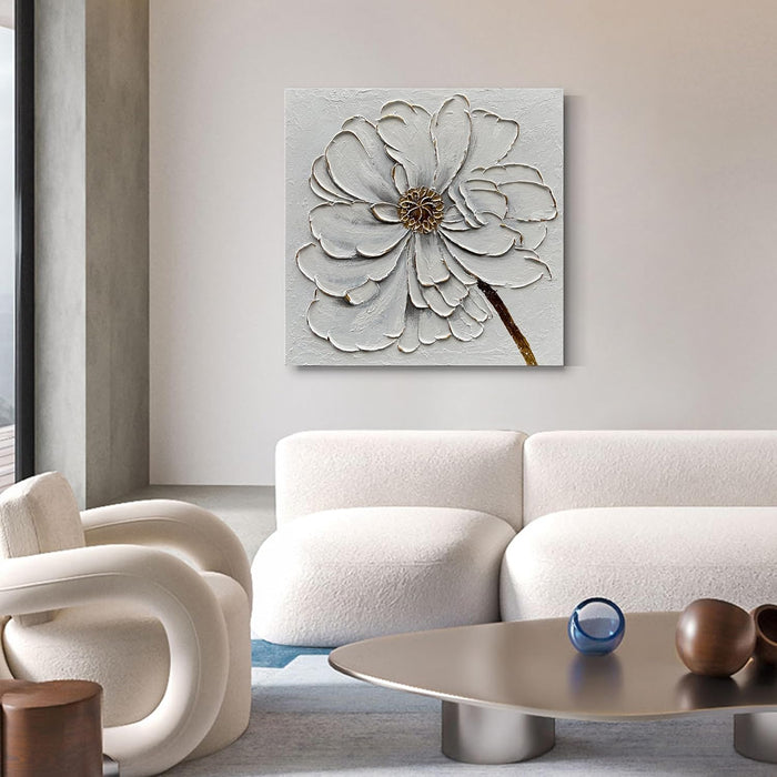 Art 24X24 Inches Hand-Painted Golden Texture White Flower Oil Painting. Modern Abstract Art. Suitable for Decoration on Walls of Living Room, Bedroom or Office