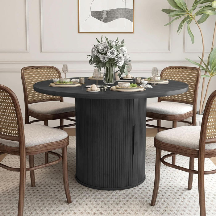 47 Inch round Dining Table for 4, Kitchen Table Dinner Table with 2-Layer Storage Shelf and Wood Slide Door for Home Dining Room Living Room (Black)