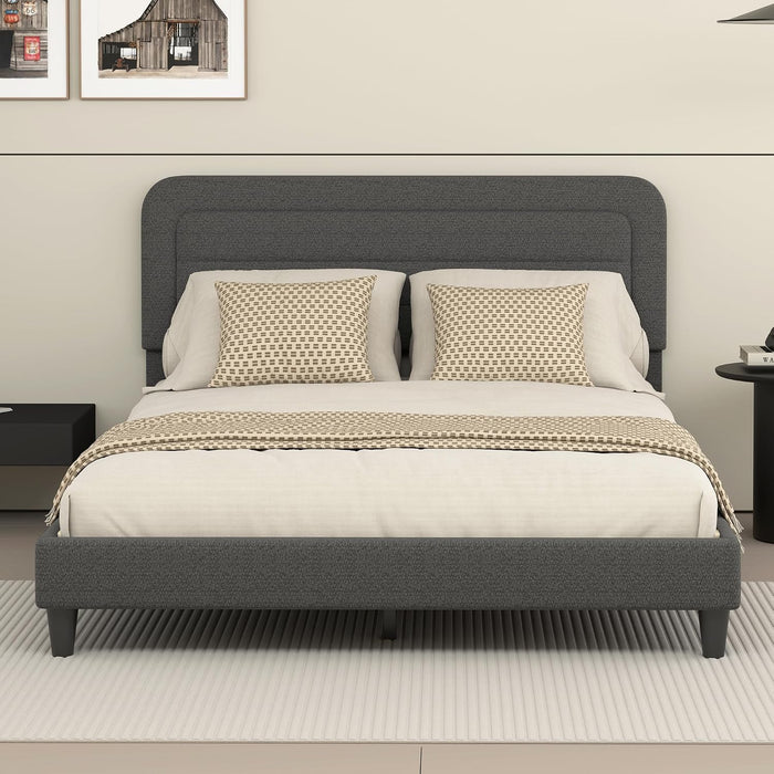 Queen Size Bed Frame with Chenille Striped Headboard, Dark Gray