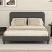 Queen Size Bed Frame with Chenille Striped Headboard, Dark Gray