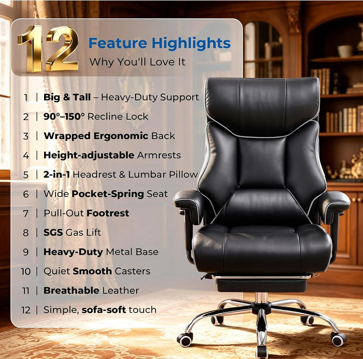 Big and Tall Office Chair,Heavy Duty Gaming Chair with Foot Rest and Wide Pocket Spring Cushion Reclining Height Adjustable for Home Office Work, Comfy Pu Leather Black-White