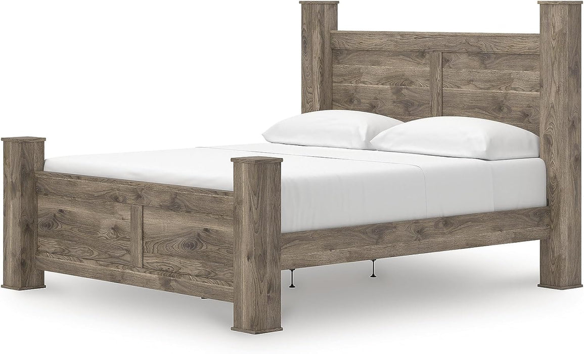 Signature Design by Ashley Keithland King Size Bed Frame with Poster Headboard, Traditional Bedframe in Wood with Hickory Grain Look, Bedroom Furniture, Deep Brown