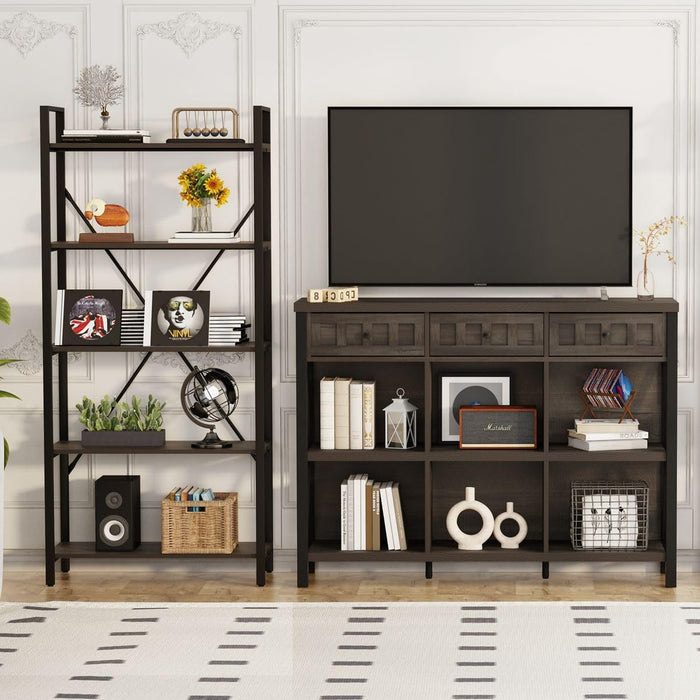 Rustic 6 Cube Storage Organizer Bookshelf with 3 Drawers, Short Low Horizontal Bookshelf for Living Room, Industrial Wood and Metal Cubby Bookcase for Home Office (Walnut Brown, 47 Inch)
