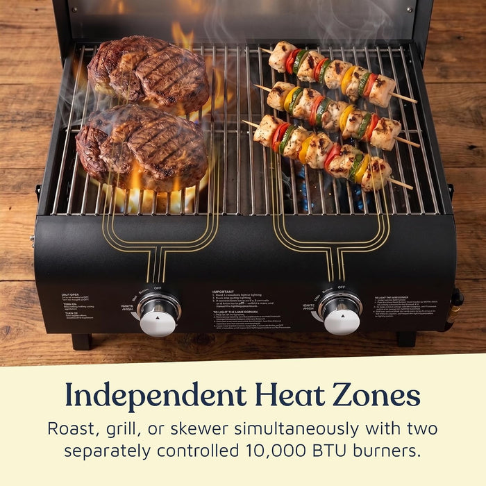 Black Portable Gas Grill, Dual 10,000 BTU Burners, 275 Sq.In Cooking Space, Push-To-Start Ignition, Wind-Proof Lid with Built-In Thermometer, Perfect for Camping Tailgates & Backyard BBQ Cookouts