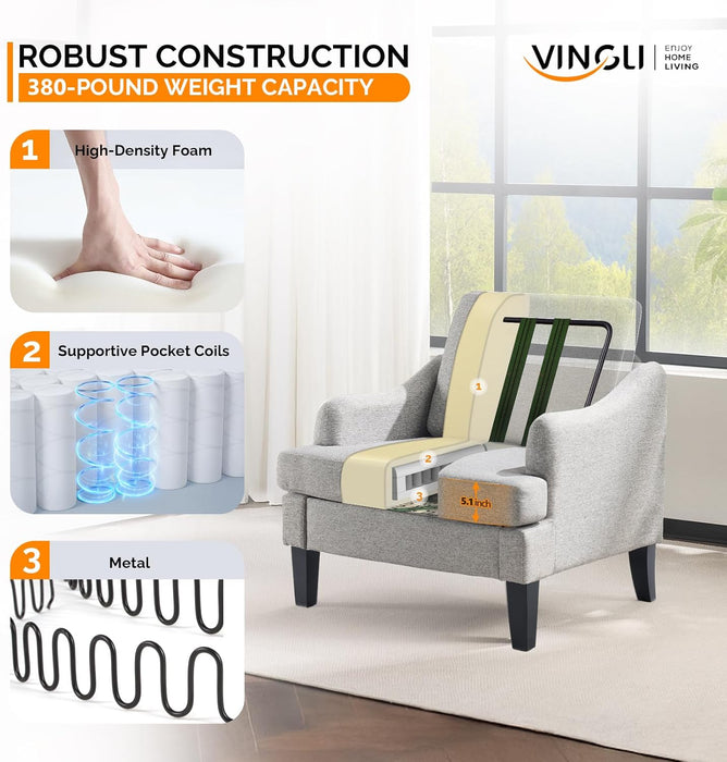 Linen Fabric Accent Chairs Set of 2, Grey Modern Upholstered Armchair, Comfy Sofa Chair Living Room Bedroom Furniture for Apartment