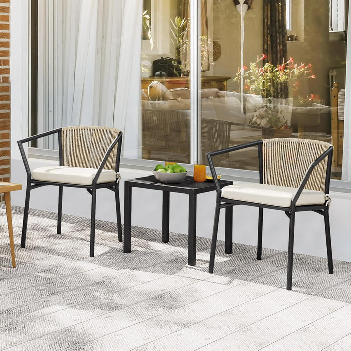 Wicker 3-Piece Outdoor Bistro Set, All-Weather Patio Conversation Set with Stackable Chairs & Table, Outdoor Sectional Furniture Set for Balcony, Backyard, Pool, Porch, Deck - Beige