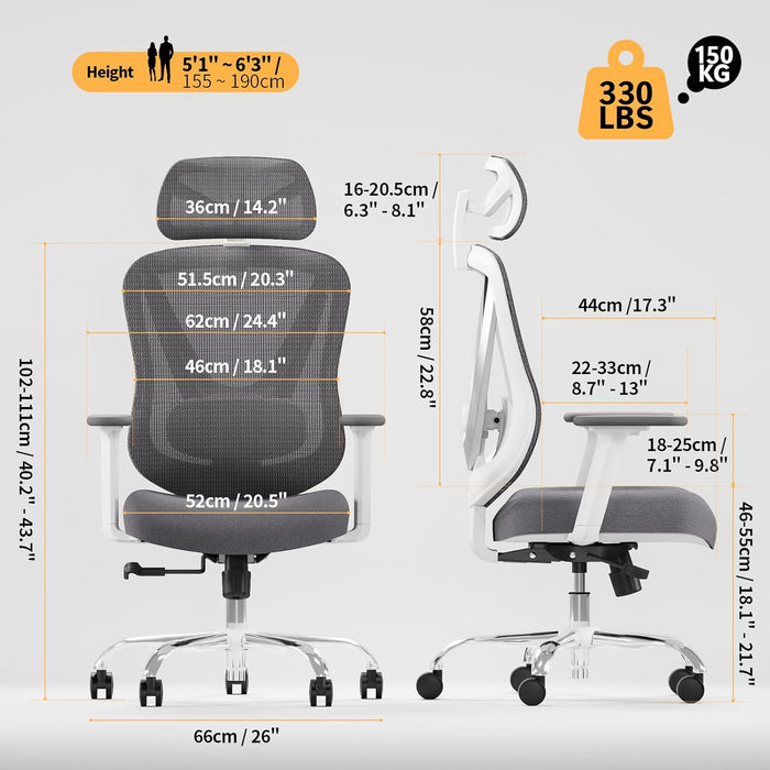 Ergonomic Mesh Office Chair, V Back Desk Chair with 2D Headrest