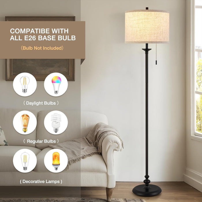 Black Floor Lamp, 60" Standing Lamp with Fabric Lampshade