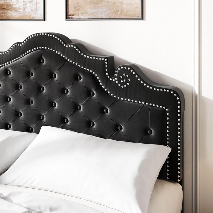 Queen Bed Frame with Adjustable Headboard/Velvet Upholstered/Diamond Button Tufted and Metal Studs/No Box Spring Needed/Wood Slat Support/Easy Assembly/Black