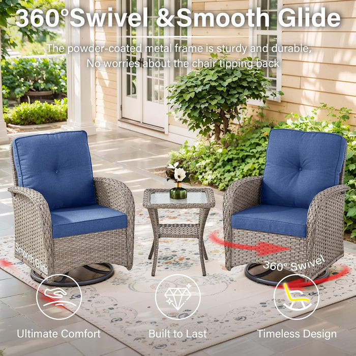 Swivel Patio Chairs Wicker Set - Outdoor Swivel Rocker Chair with Side Table, 3 Piece Patio Glider Chairs Furniture Set with Water-Resistant Cushions for Porch Deck Sunroom