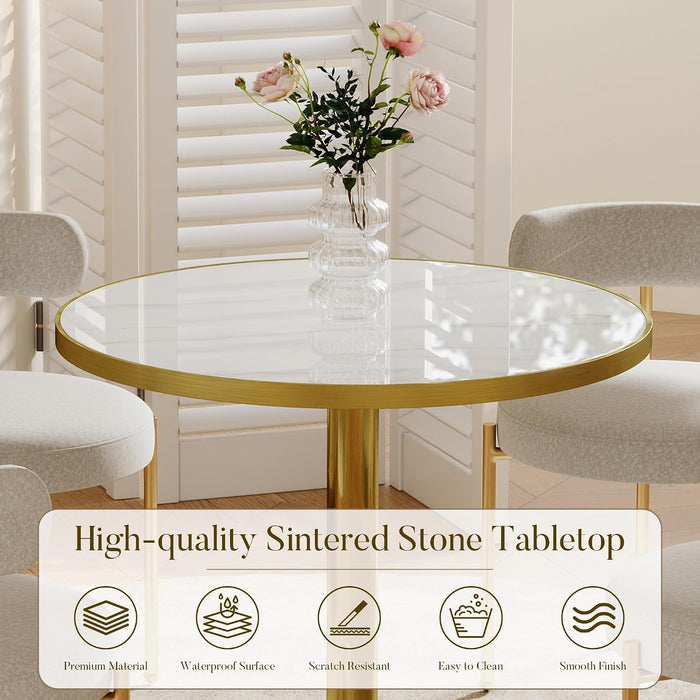 31.5" Circle Tulip Table with Sintered Stone Tabletop, Gold Edge & Pedestal | Modern round Dining Table, Leisure Bistro Table for Kitchen, Small Places, Living Room, Cafe, Restaurant (Snow Peak Marble)