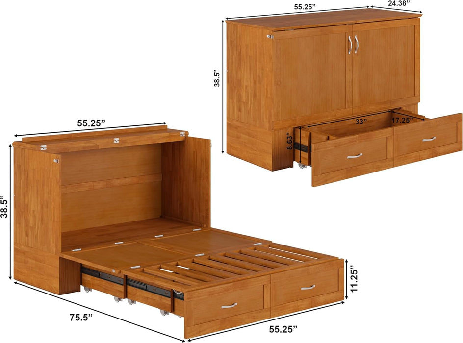 Hamilton Full Murphy Bed Chest with Mattress, Storage, and Built-In Charger in Light Toffee