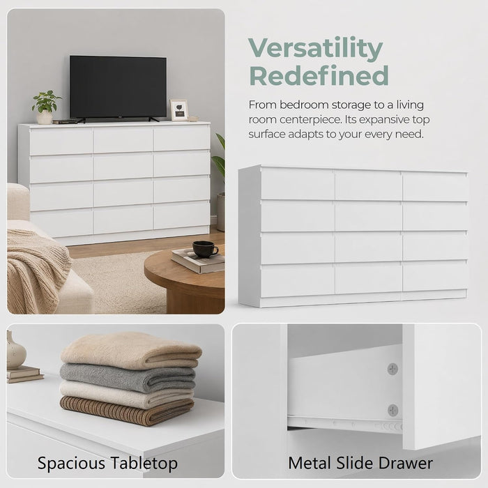 White 12 Drawer Dresser for Bedroom,Modern Long Deep Drawer Dresser,Wood Storage Chest of Drawer, Storage Organizer Drawers for Living Room