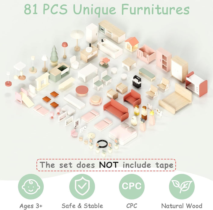 Wooden Dollhouse Playset With Eight Rooms Accessories