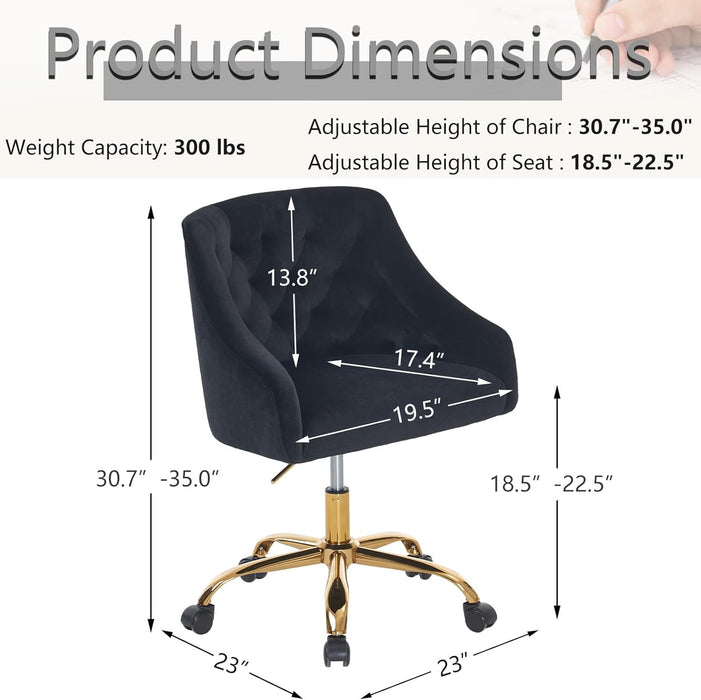 Velvet Office Swivel Chair, Vanity Chair, Fabric Desk Chair, Pretty Fancy Chair, Gold Office Chair for Girls, 360°Swivel Height Adjustable Reception Chair (Black)