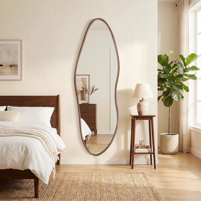 Irregular Full Length Mirror 64"X21", Cloud-Shaped Full Body Mirror Walnut