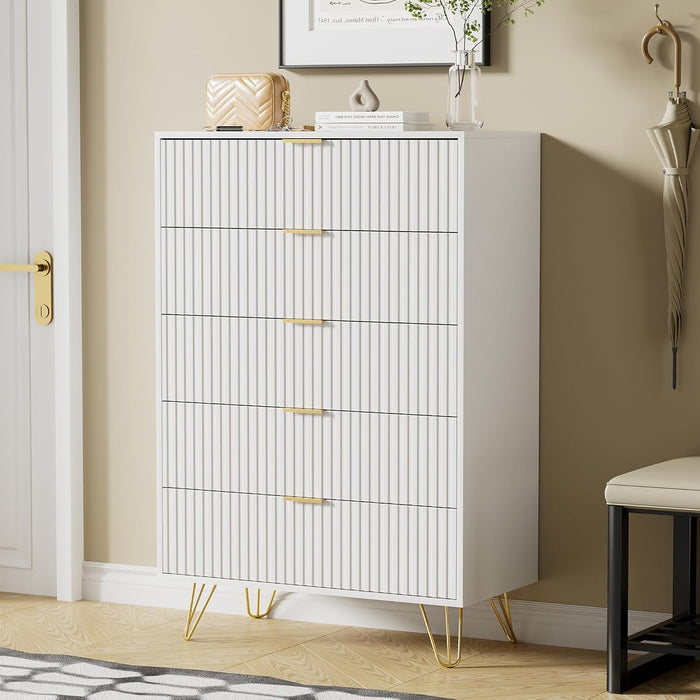 White Contemporary Fluted Dresser Featuring Gold Pulls