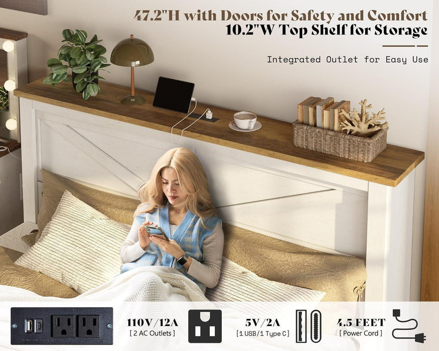 Queen Bed Frame with Hidden Sliding Bookcase Headboard, Charging Station, 2 Large Storage Drawers, Metal & Wood Platform, Farmhouse, No Box Spring Needed, White & Barnwood